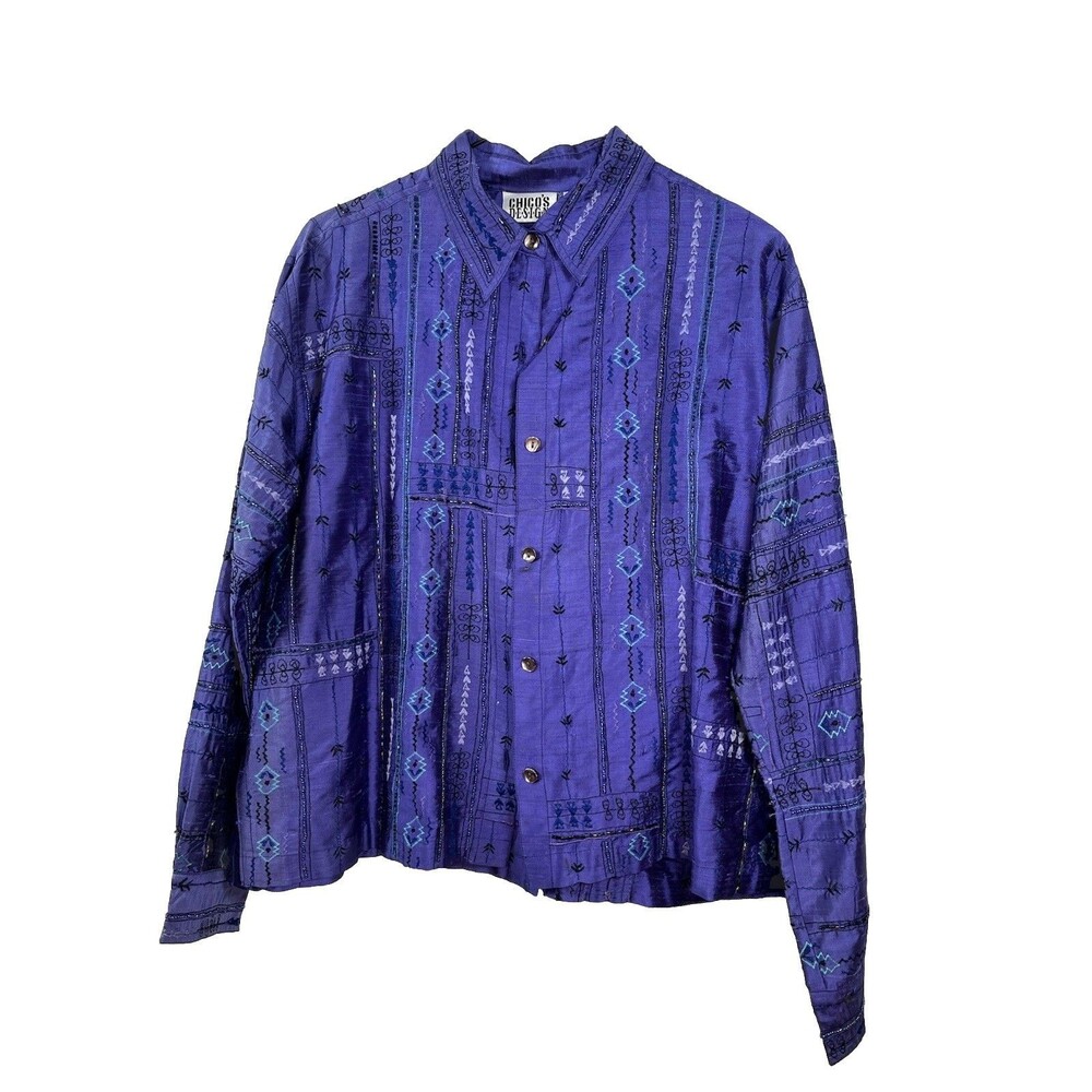 Chicos VTG 100% Silk Beaded Button blouse  1 Top M 6 8